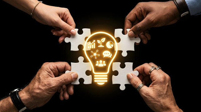 Hands connect jigsaw puzzle pieces surrounding a central light bulb symbol on a dark background to visualize collaborative business planning.
