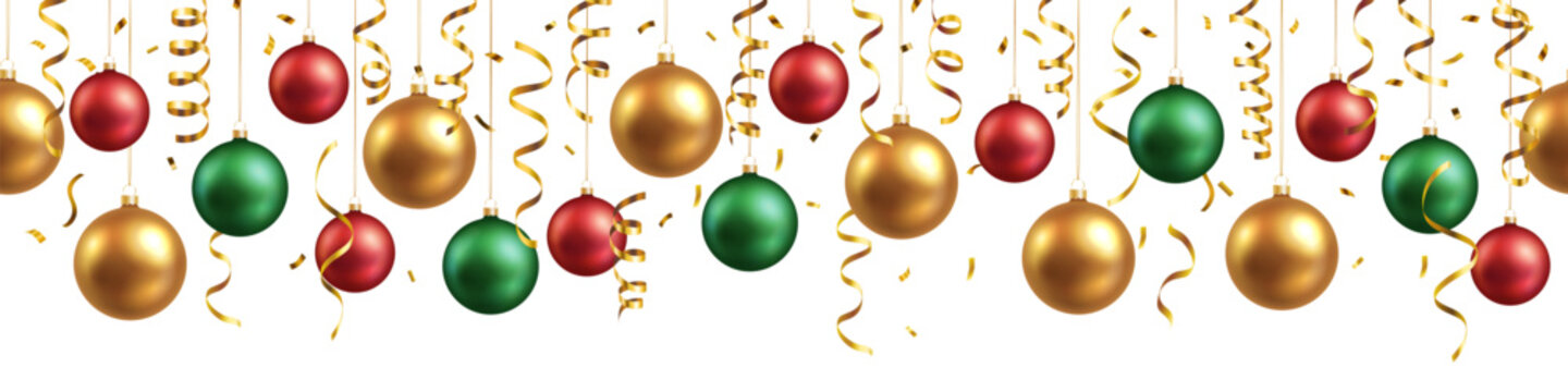 Christmas vector decorative seamless pattern with metallic shiny baubles, gold streamers and confetti on white background