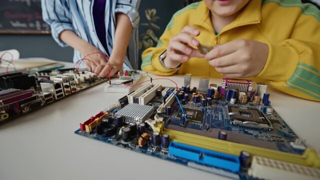 Caucasian schoolboys examining computer motherboard and CPU chip during STEM class. Footage is ideal for promoting elementary school technology programs and modern science education