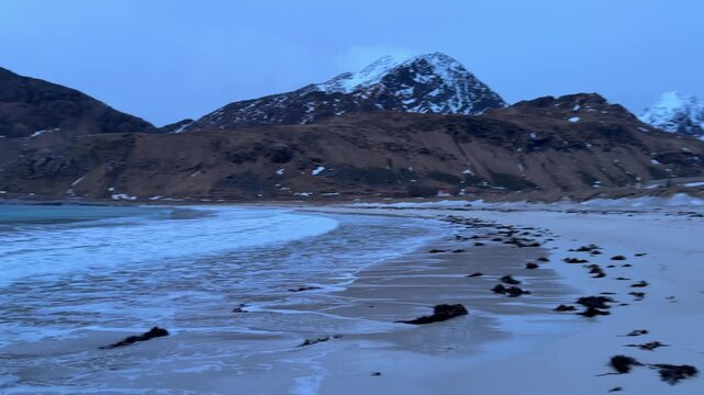 Mountains And Sandy Shores At Hauklandstranda In The Lofoten Archipelago Of Norway. Panning Shot