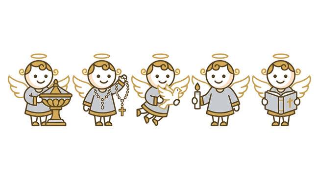 Cute cartoon angel set with religious symbols, 5 cherub characters with baptismal font and rosary, heavenly spiritual vector icons
