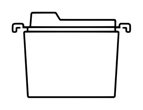 Minimalist black outline vector illustration of a hanging file folder with a tabbed top section and side mounting hooks for office organization