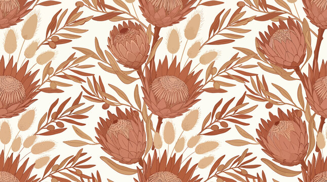 Boho protea floral seamless pattern, earthy terracotta botanical vector background, hand drawn dried flowers and leaves for textile design