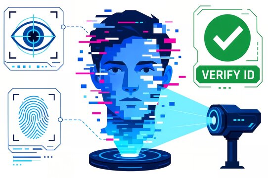 Deepfake detection biometric identity verification with facial recognition fingerprint and iris scan illustration