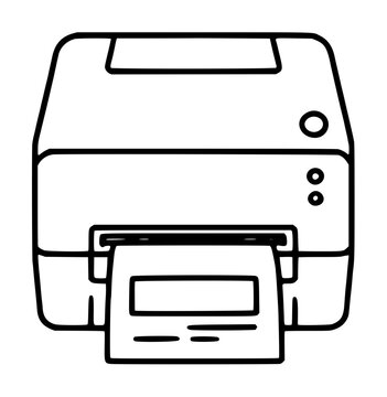 Hand-drawn line art vector illustration of a label printer producing a printed sticker, outlined monochrome office equipment icon with simple sketching style