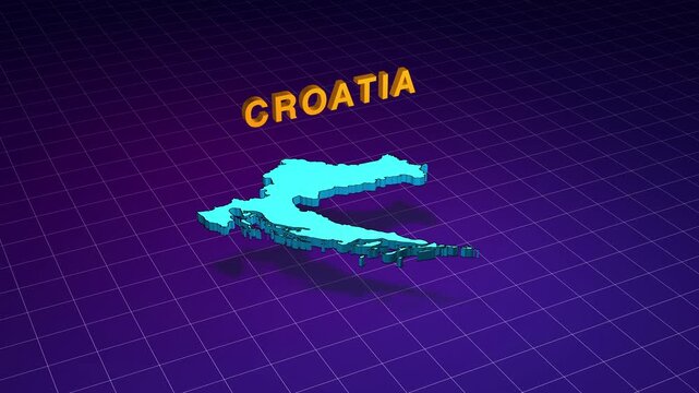 Croatia country map rotating on purple grid background