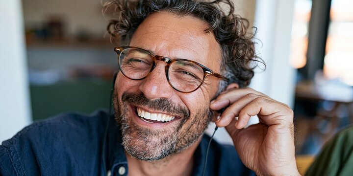 Smiling Man in Glasses, Sitting at Table, Talking on Cell Phone