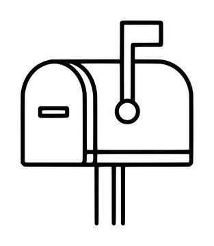 Hand drawn vector line illustration of classic curbside mailbox with raised red signal flag and incoming letters, perfect for postal, delivery, and correspondence themed graphic design projects