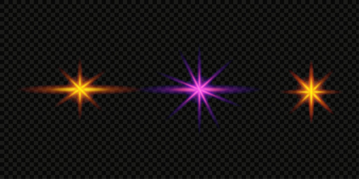 Set of glowing stars featuring a vibrant light effect and beautiful coloring light on a dark background