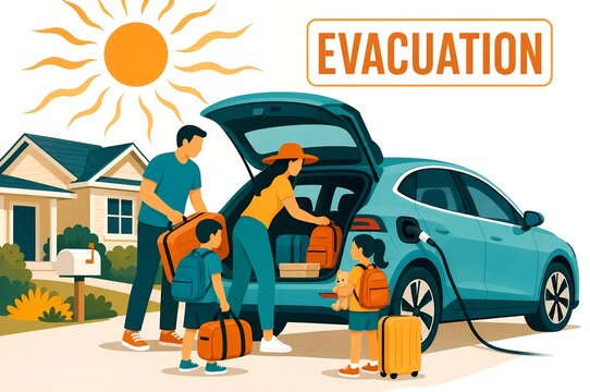 Family evacuation loading car with luggage during extreme heat emergency preparedness illustration
