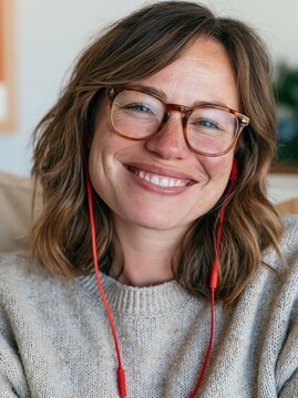 Jovial Woman in Headphones, Wearing Glasses and a Sweater, Smiling at the Camera.