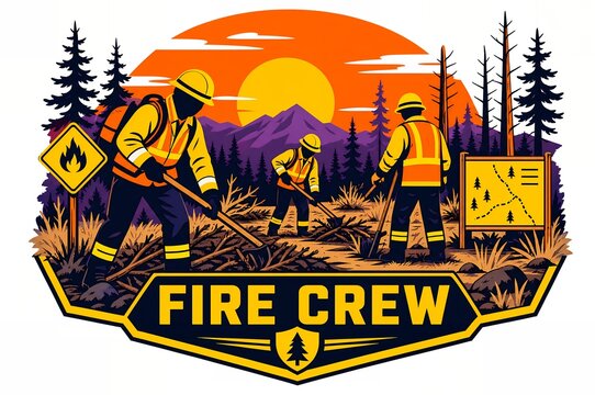 Wildfire fire crew clearing firebreak in mountain forest at sunset badge emblem illustration