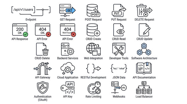 Web API development and RESTful backend line icons.