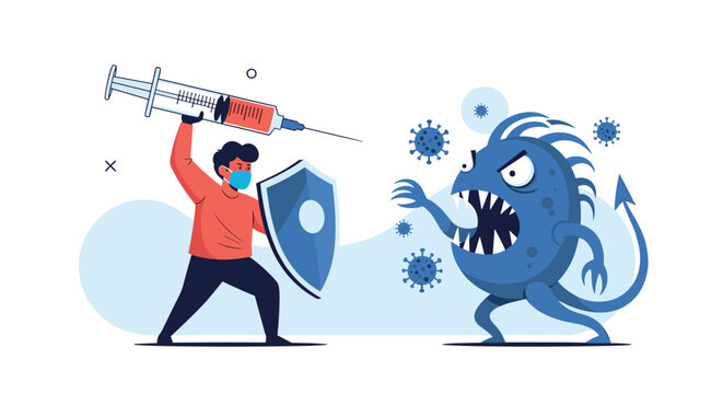 Brave man in medical face mask fighting blue virus monster with protective shield and huge vaccine syringe.