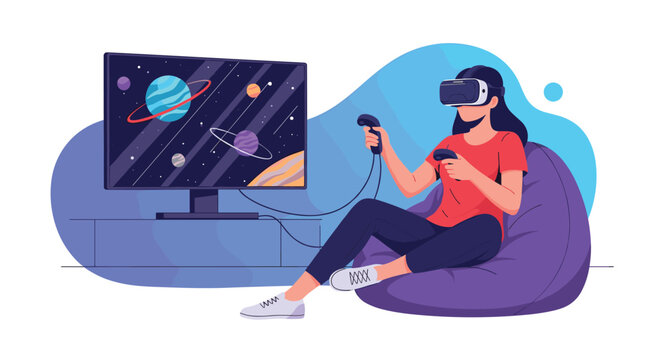 Young woman wears virtual reality headset and holds controllers while playing an outer space game on a beanbag.