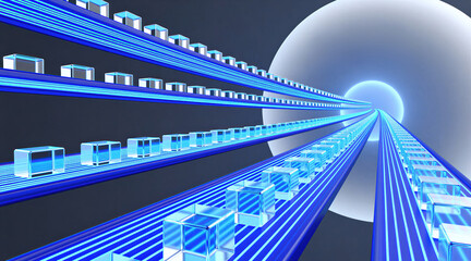 Naklejka premium Abstract digital art shows blue light tracks carrying glass cubes toward a glowing sphere. Data flows through futuristic network lines. Background has copy space for text.
