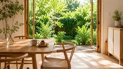 Fototapeta premium Wooden dining table with pancakes and coffee by garden view