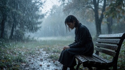 Fototapeta premium Young woman sits on park bench behind wet glass window during heavy rainstorm. Sad female feels loneliness, deep depression outdoors. Person experiences mental health struggle, emotional pain.