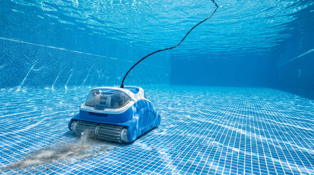 Automatic robot cleaner scrubbing the floor of a swimming pool. Underwater view of mobile device removing dirt and debris. Modern maintenance technology for clear water and sanitation.