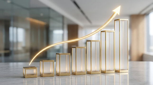 Business growth graph made of glowing glass bar pillars with upward trend arrow business investment marketing financial development corporate strategy planning performance abstract progress