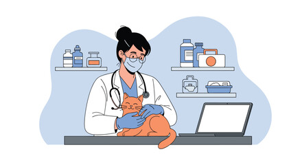 Naklejka premium Professional female veterinarian wearing a face mask and protective gloves carefully examining an orange cat in her clinic.