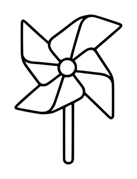 Hand-drawn black and white vector illustration of a classic pinwheel spinning toy on a stick, featuring four curved triangular blades radiating from a central rounded hub, perfect for playful kids