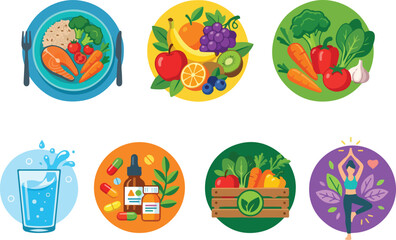 Fototapeta premium Healthy Lifestyle Icons Representing Nutrition Exercise Hydration Supplements and Wellness