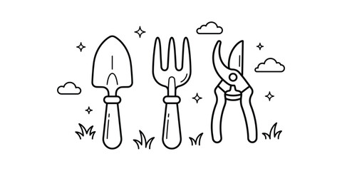 Hand drawn doodle illustration of garden tools including a shovel fork and pruning shears set © Halima