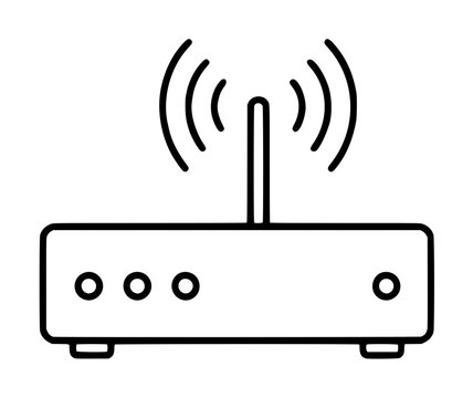 Hand-drawn line art vector icon of a wireless router or repeater network device featuring an upright antenna emitting curved signal waves above a rectangular modem body with indicator lights