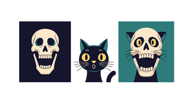 Conceptual vector illustration showcasing portraits of a human skull, a black cat, and a cat skull in a bold artistic style.