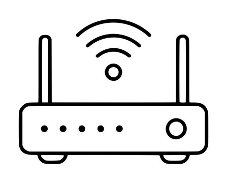 Hand-drawn outline vector icon of a wireless internet router with two antennas, indicator lights, and Wi-Fi signal waves, minimalist black line illustration on white background
