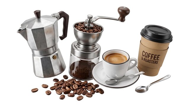 Coffee preparation station with moka pot hand grinder and fresh espresso cup