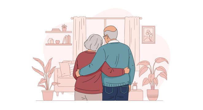 Elderly couple hugs and looks out the window in their cozy living room filled with plants and warm light.