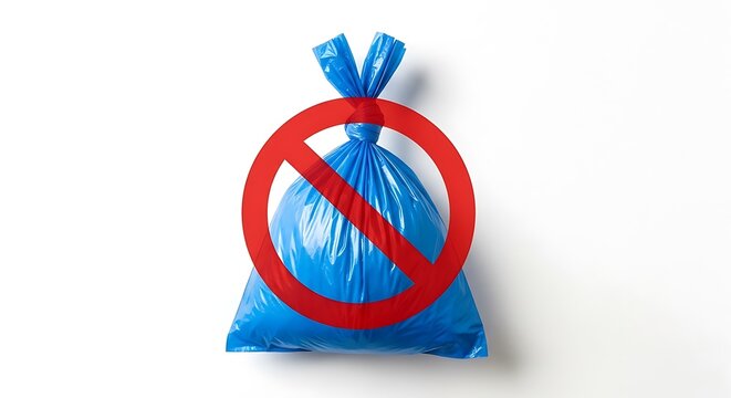 A blue garbage bag with a red "no" symbol on a white background, symbolizing waste ban
