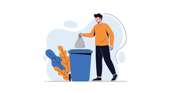 Responsible young man putting a plastic bag of domestic household waste into a blue trash bin outside his home.