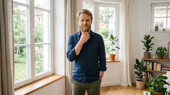 Bearded blond man in his 30s thoughtfully posing in a bright modern living room with large windows, white curtains, indoor plants, and wooden bookshelf