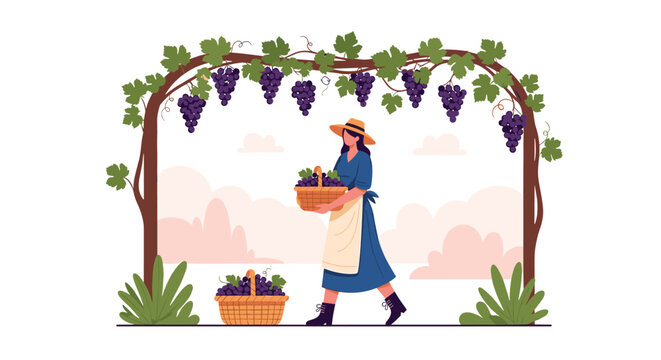 Female vineyard worker carrying heavy basket of fresh purple grapes under beautiful rustic wooden trellis archway.