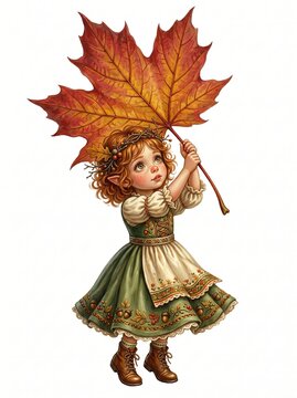 Elf girl looking up and holding a giant stylized autumn leaf over her head isolated on white background