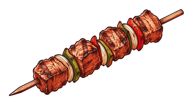 Grilled meat kebab skewer with onion and pepper illustration
