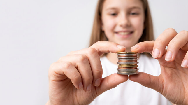 Happy smiling young girl holding stack of metal quarter coin showing wealth growth . Business financial strategy planning. statistic chart report, revenue profit, performance progress success
