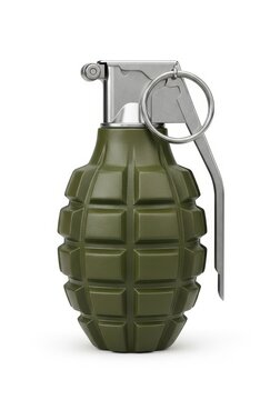 Realistic green military fragmentation hand grenade weapon isolated on a white background for tactical and defense concepts.