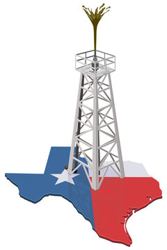 3D isometric oil derrick gushing crude oil over a Texas flag map representing energy industry, petroleum extraction, fossil fuel power, and economic growth (cut out)