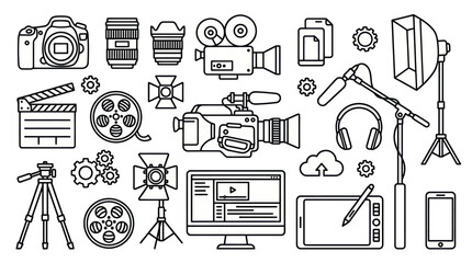 Fototapeta premium Video production and multimedia equipment line icons