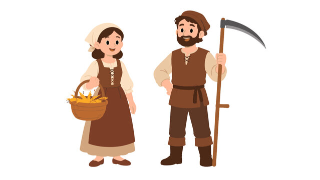 Medieval farmer couple with basket and scythe vector illustration