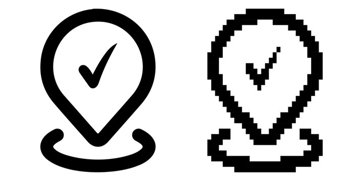 Black location pin with check mark and pixelated version white