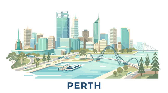 Modern Digital Illustration of Perth City Skyline Highlighting Skyscrapers and Waterfront with Bridges and Green Spaces