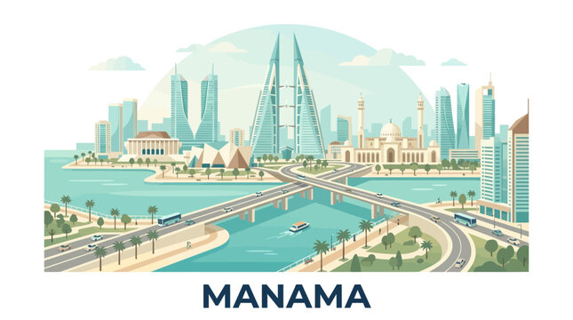 Illustration of the modern cityscape of Manama featuring bridges, skyscrapers, water bodies, and urban infrastructure