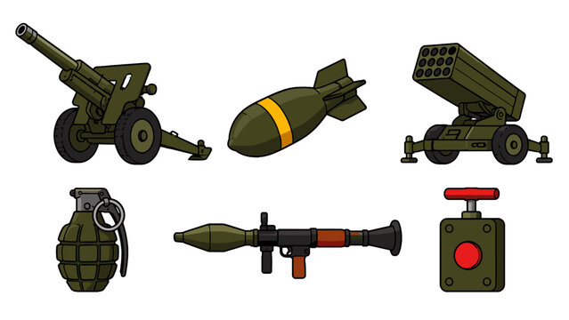 Military weapon set with artillery rocket grenade and launcher
