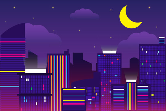 Modern neon city skyline background with glowing skyscrapers crescent moon and night sky vector illustration