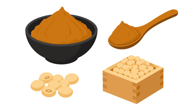 Miso paste in bowl with spoon and soybeans vector illustration